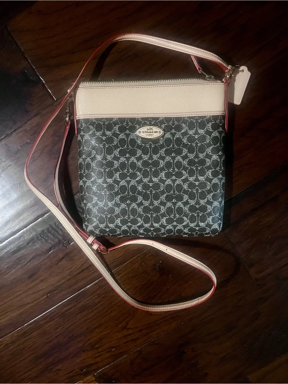 Coach Monogram Crossbody in Brown and Cream with Tan Trim